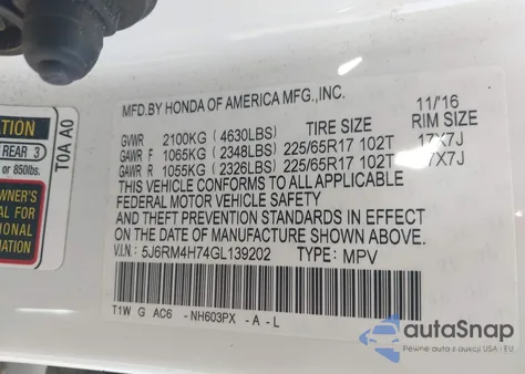 2016 Honda Cr-V Ex-L z USA, uszkodzony, nr VIN 5J6RM4H74GL139202